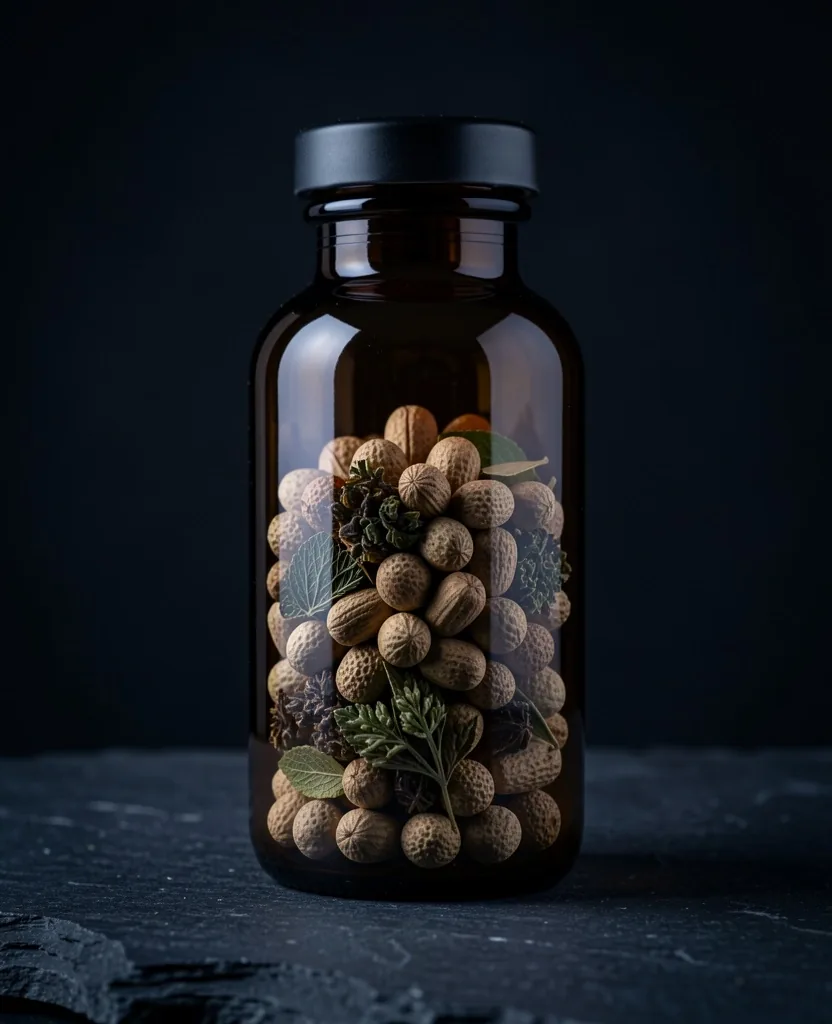 Botanical capsule product in apothecary bottle