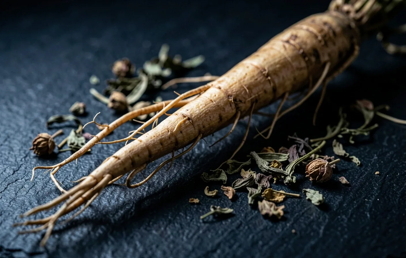 Macro photograph of botanical ingredients on a dark surface