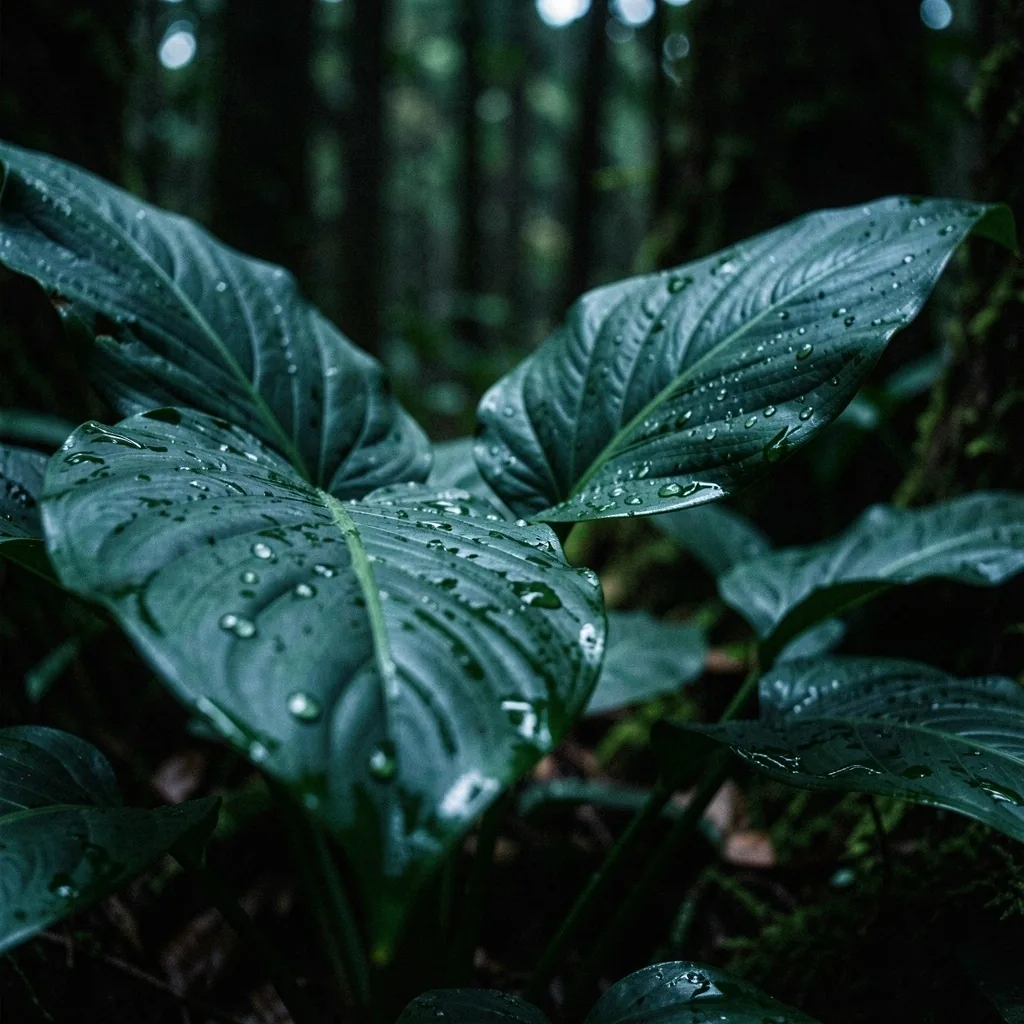Macro view of dark green tropical foliage