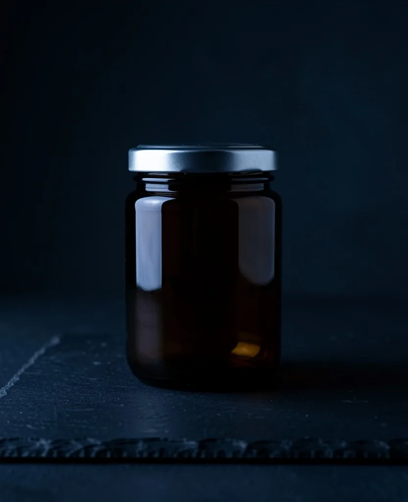 Mineral powder product in amber jar