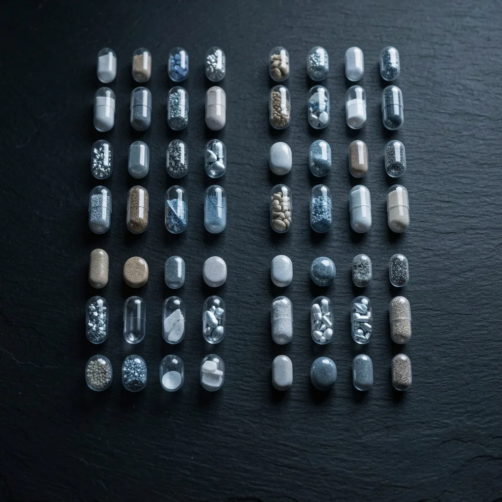 Mineral supplements arranged on a dark surface