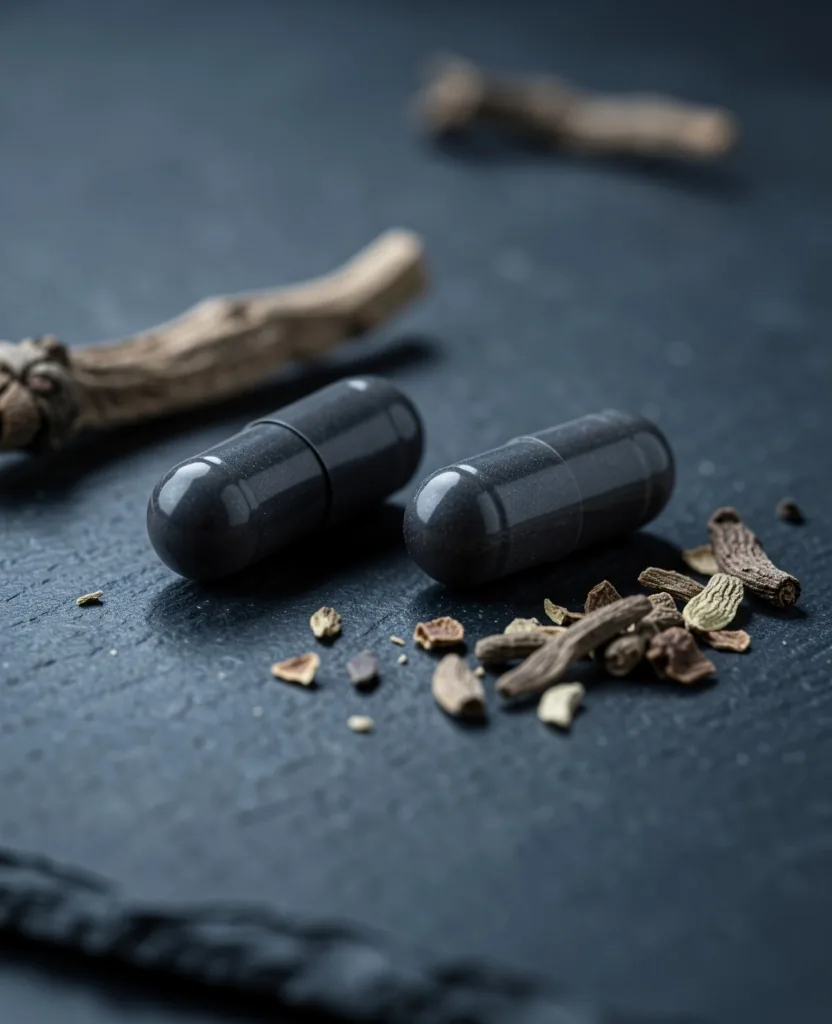 Dark capsules on a stone surface with dried root fragments